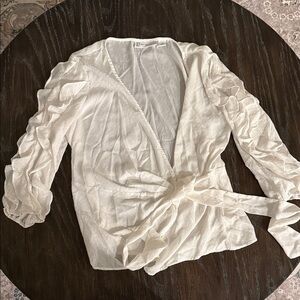 White & Gold Polka Dots Wrap Blouse with Tie